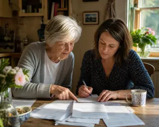Elderly woman and her middle-aged daughter sorting paperwork together at a kitchen table, warm natural light, candid atmosphere, subtle interaction.