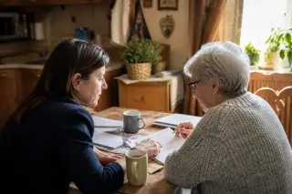 Natural, everyday kitchen scene of a social worker and senior woman calmly sorting documents together at a sunlit table, viewed over their shoulders.