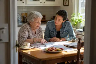 Elderly woman and caregiver discuss paperwork at a kitchen table in soft morning light, sharing a focused and warm moment.