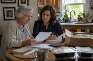 Senior woman and middle-aged daughter at a kitchen table, sorting documents together with meal delivery containers, natural light highlighting an authentic and cozy home environment.