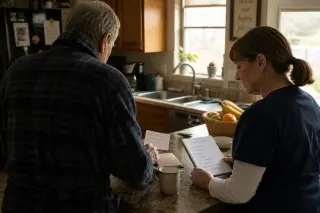 A senior man and a caregiver review a handwritten checklist together in a warmly lit kitchen, their interaction seen naturally from behind