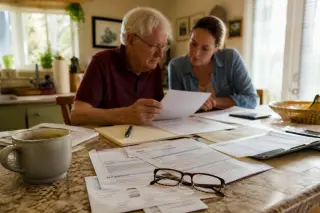 Sunlit kitchen table with scattered documents and a senior man with his adult daughter reviewing paperwork in the background