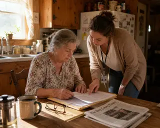 Older woman and social worker quietly reviewing documents together at a sunlit rural kitchen table, natural light creating a peaceful morning atmosphere.