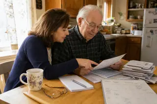 Elderly man and adult daughter work together at a kitchen table, reviewing paperwork in a naturally lit, cozy home setting.