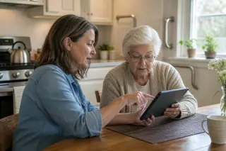 Senior woman and home advisor in a kitchen, looking together at a digital tablet, with adaptive home features visible in a warm, natural light.
