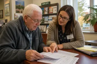 Elderly man and social worker reviewing paperwork together in a naturally lit city office, both focused and at ease, shelves and documents visible around them.