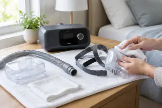 Équipement CPAP nettoyé et disposé sur une serviette pour sécher dans une chambre lumineuse.
